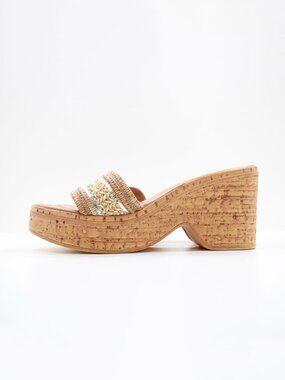 Toscanella Tan Woven 3.5" Wedge Heel Slide Sandals - 7. Made in Italy